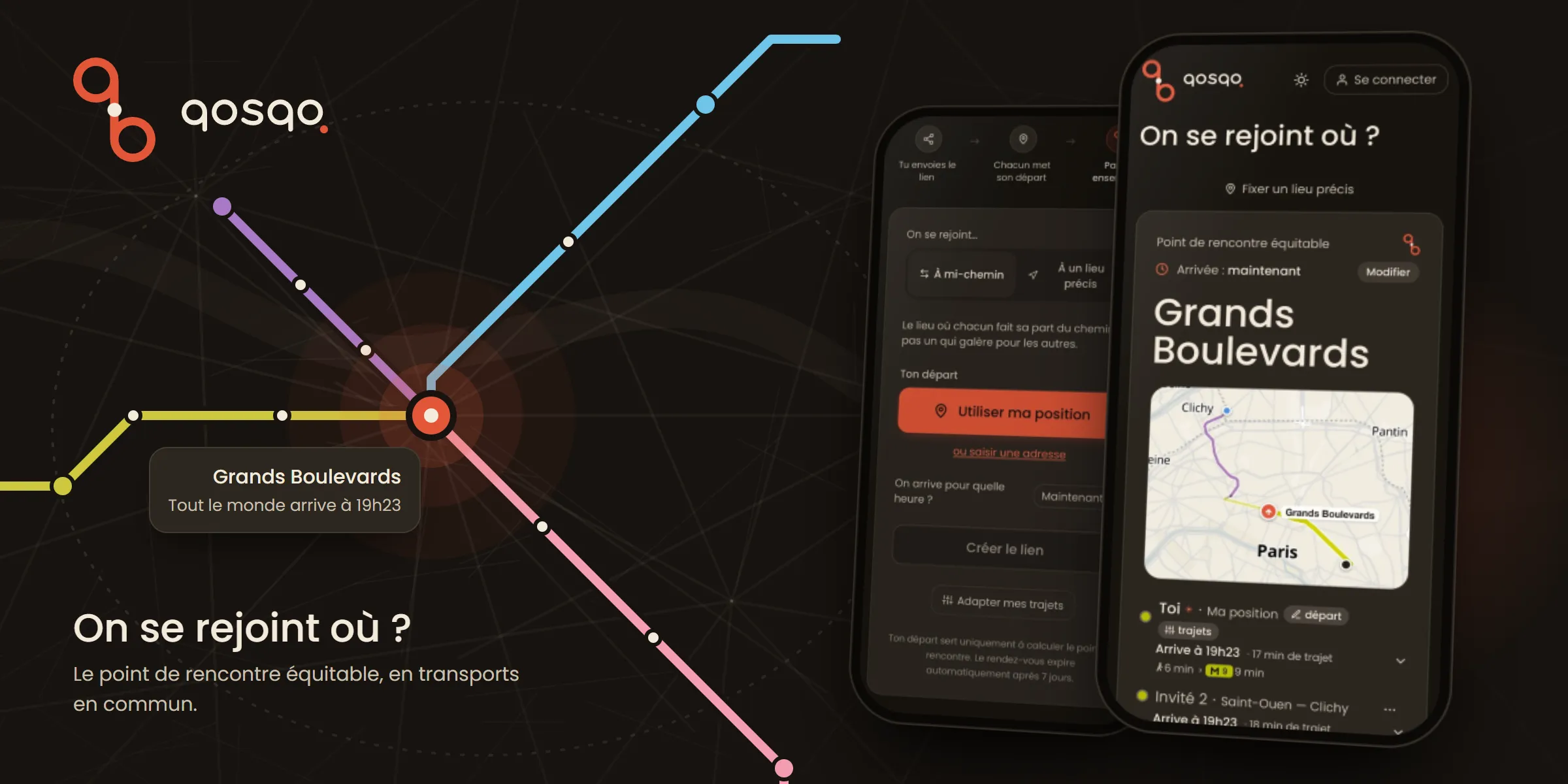Qosqo: metro lines converging on the meeting point, Grands Boulevards, next to the app’s start and result screens.