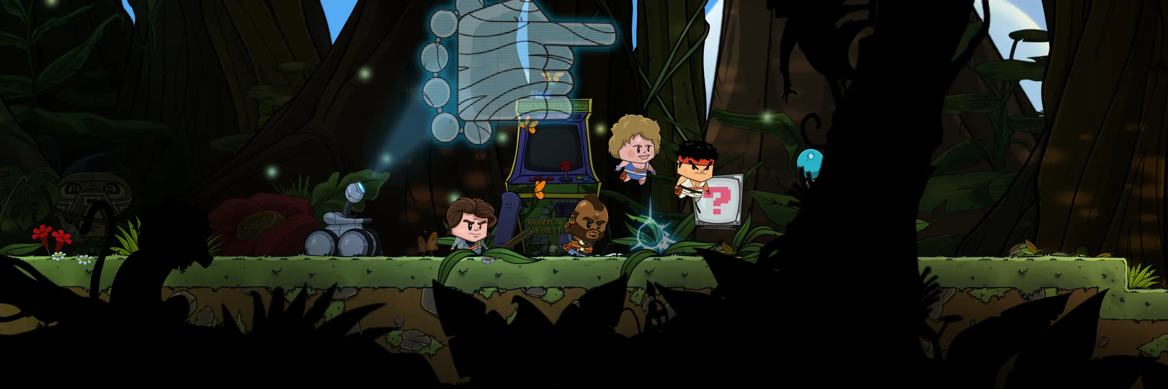 Four AI-driven characters run side by side through the jungle near an arcade cabinet; one of them opens an item box.