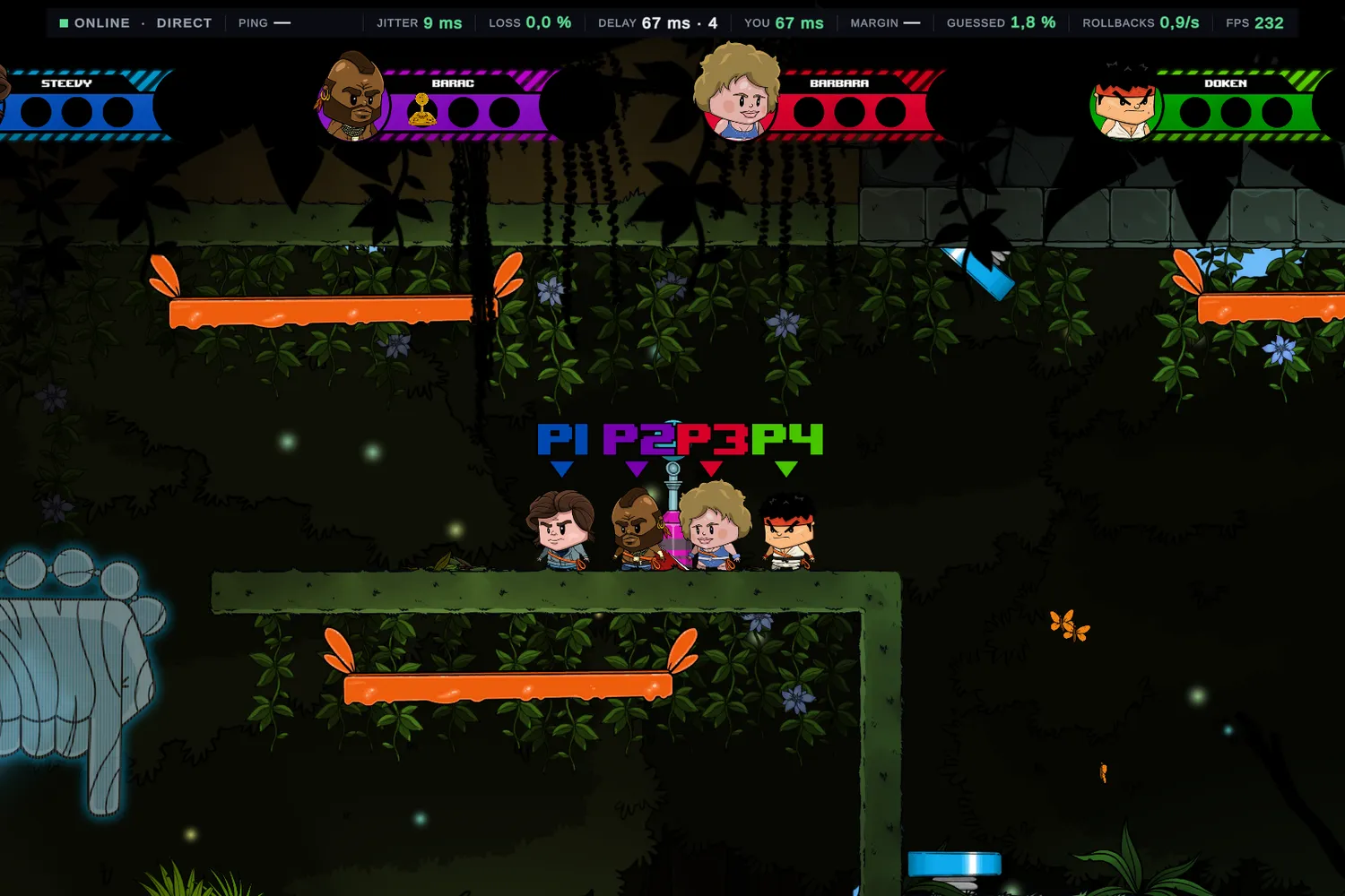 Runner Party online match seen by a client: at the top, a bar of network figures (jitter, delay, guessed ticks, rollbacks, frame rate); below, the player cards and four characters tagged P1 to P4.