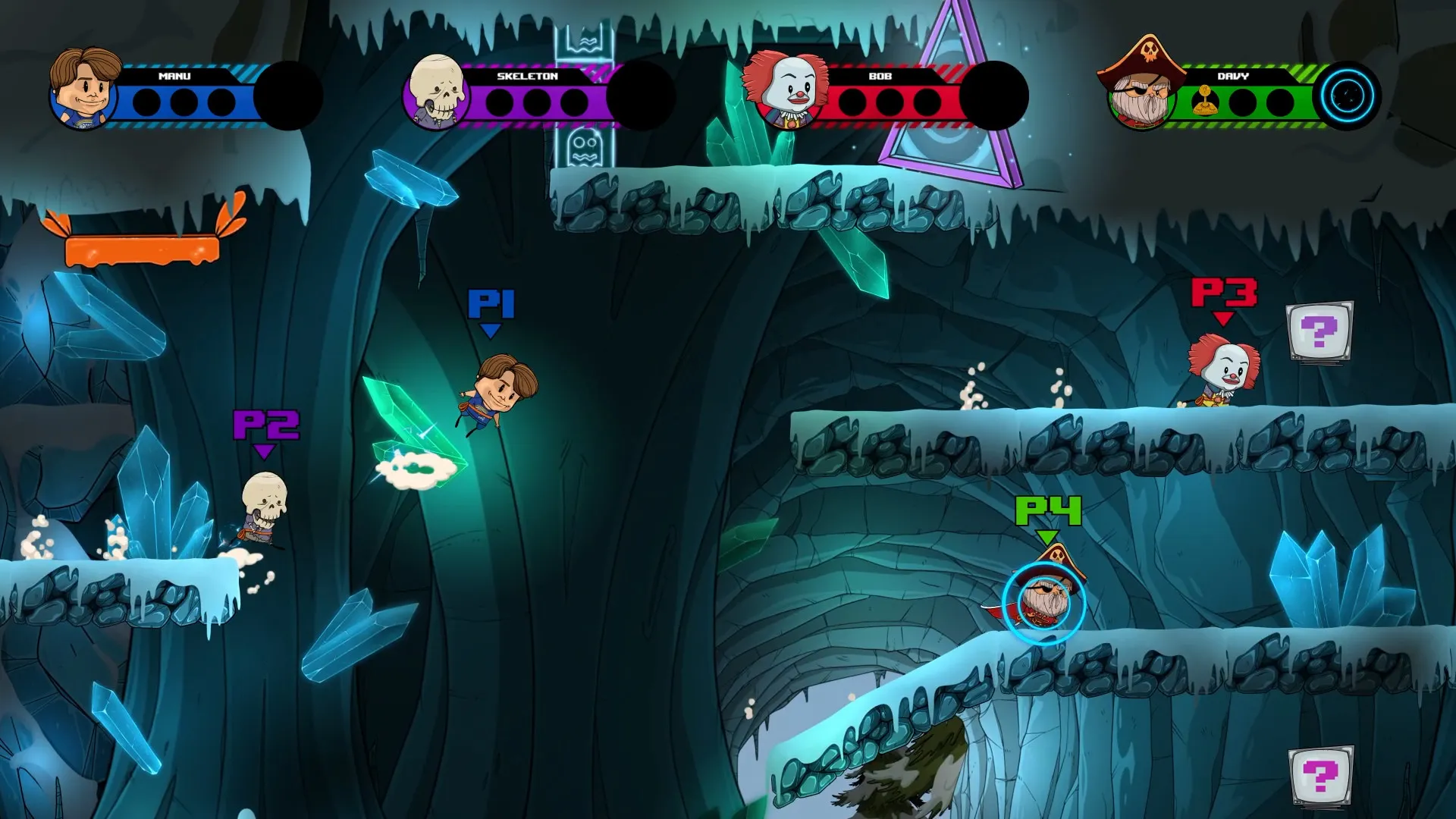 Four characters, marked P1 to P4, in an ice cave level; their player cards are shown at the top of the screen, and two "?" item boxes sit on the platforms.