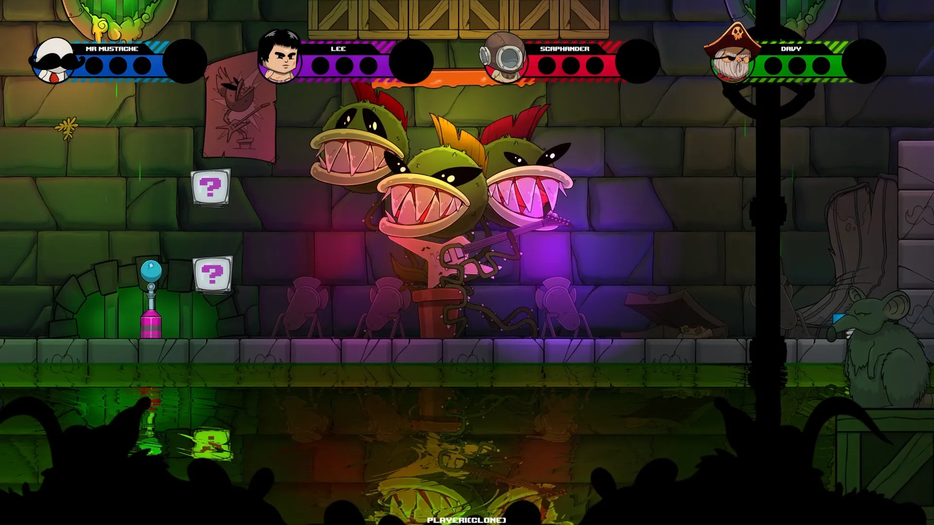 A sewer level where three carnivorous plants play guitar on a purple-lit stage; two "?" item boxes float on the left, and the four players’ cards are shown at the top of the screen.
