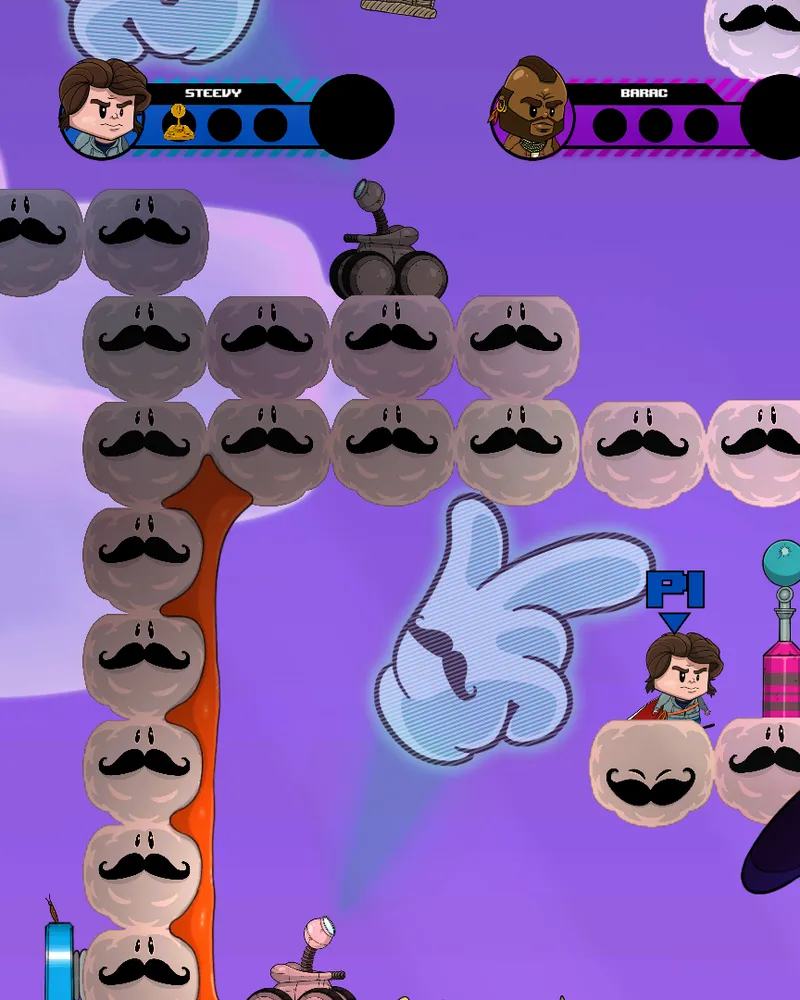 In-race HUD in Super Mustache World: two player cards at the top and a character tagged P1 on a cloud platform.
