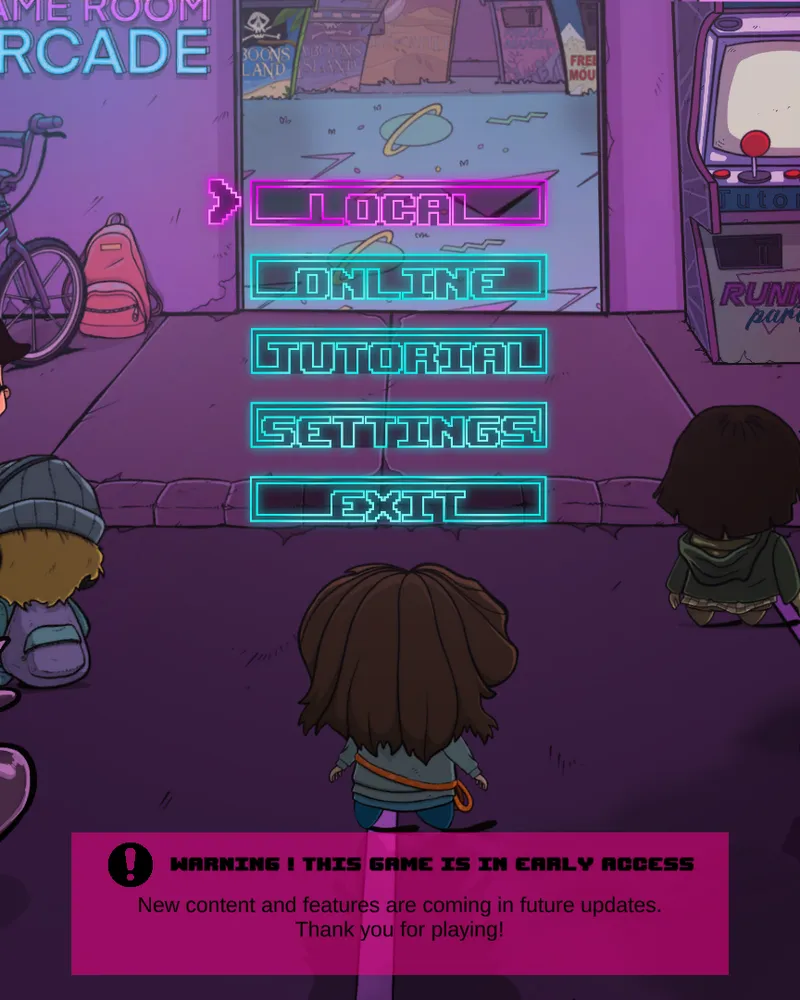 Runner Party main menu in front of an arcade room, with Local, Online, Tutorial, Settings and Exit buttons.
