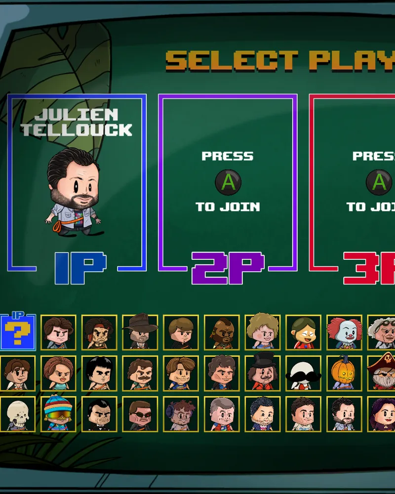 Runner Party character selection screen: a character picked for player 1 and a grid of character portraits.